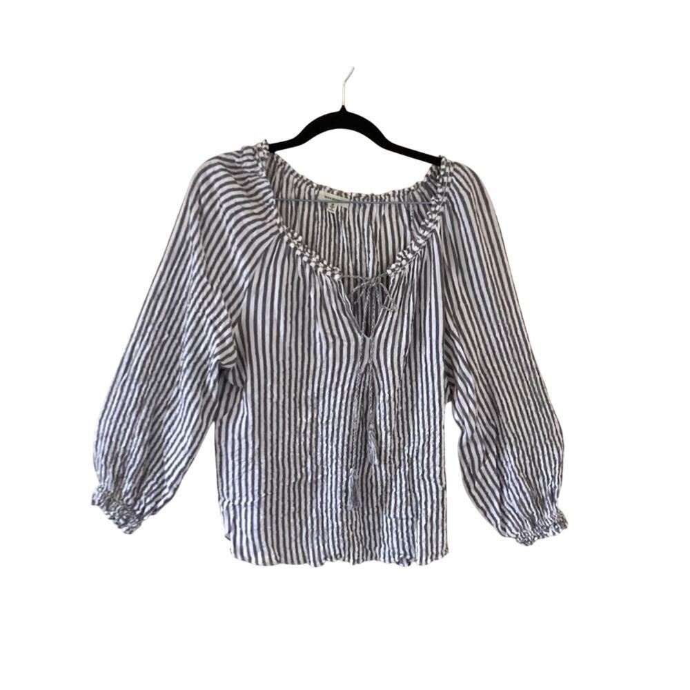 Max Studio Blue & White Striped Tie-Front Peasant Top, Womens M, Boho, Romantic